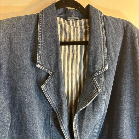DENIM JEAN COAT Sz XL Lined Contrasting Stripe Pockets 100% Cotton Shoulder Pads - Picture 5 of 10
